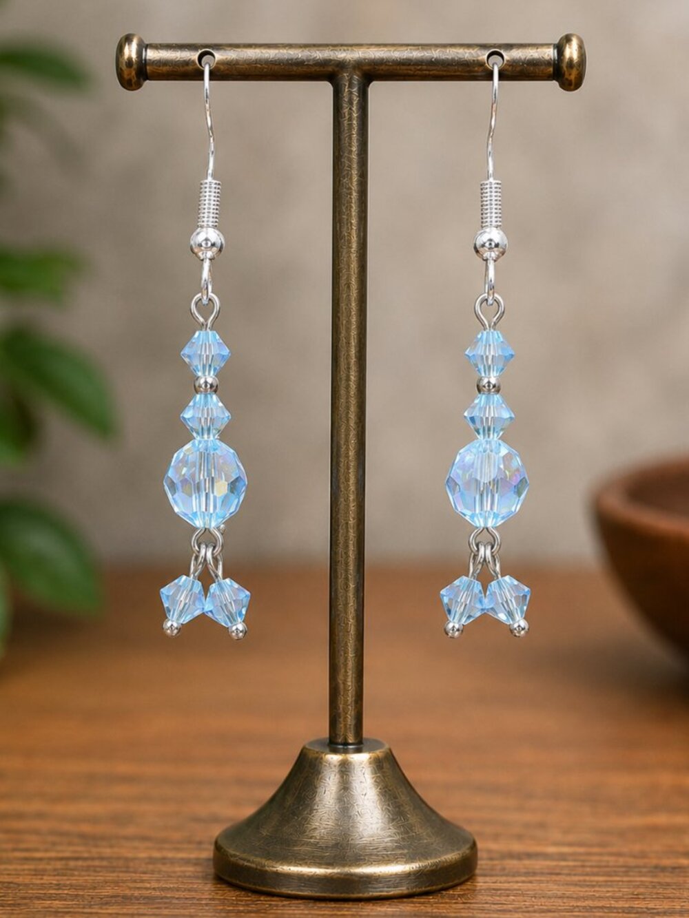 Light Blue Crystal Drop Earrings | Handcrafted - Picture 3 of 6